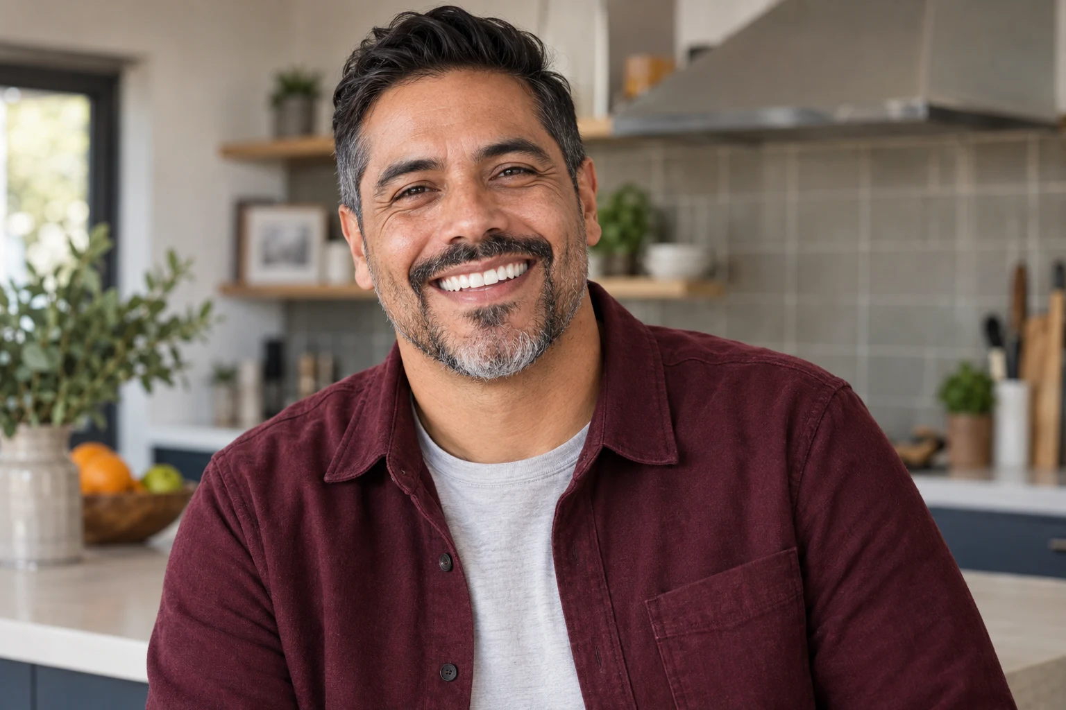 Hombre adulto con una sonrisa natural abierta y dientes claramente visibles, fotografiado para un paquete de implantes All-on-4 híbrido con barra de titanio de boca completa en Estambul