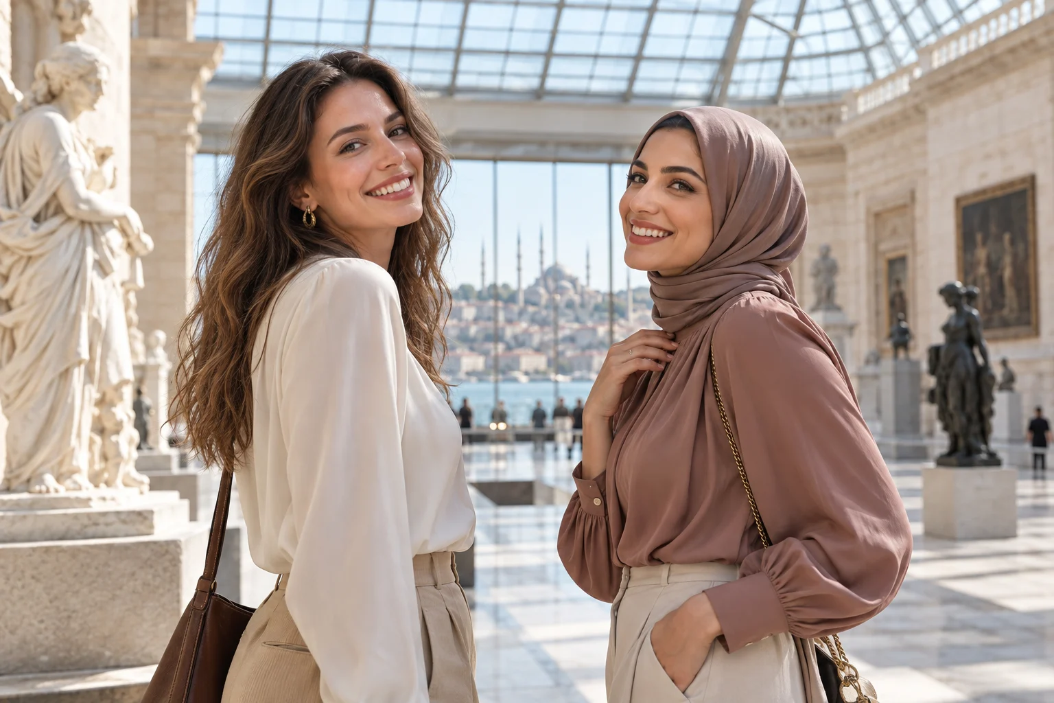 Two adult women, both fully in frame, with noses clearly visible and centred for a two-person rhinoplasty package in Istanbul