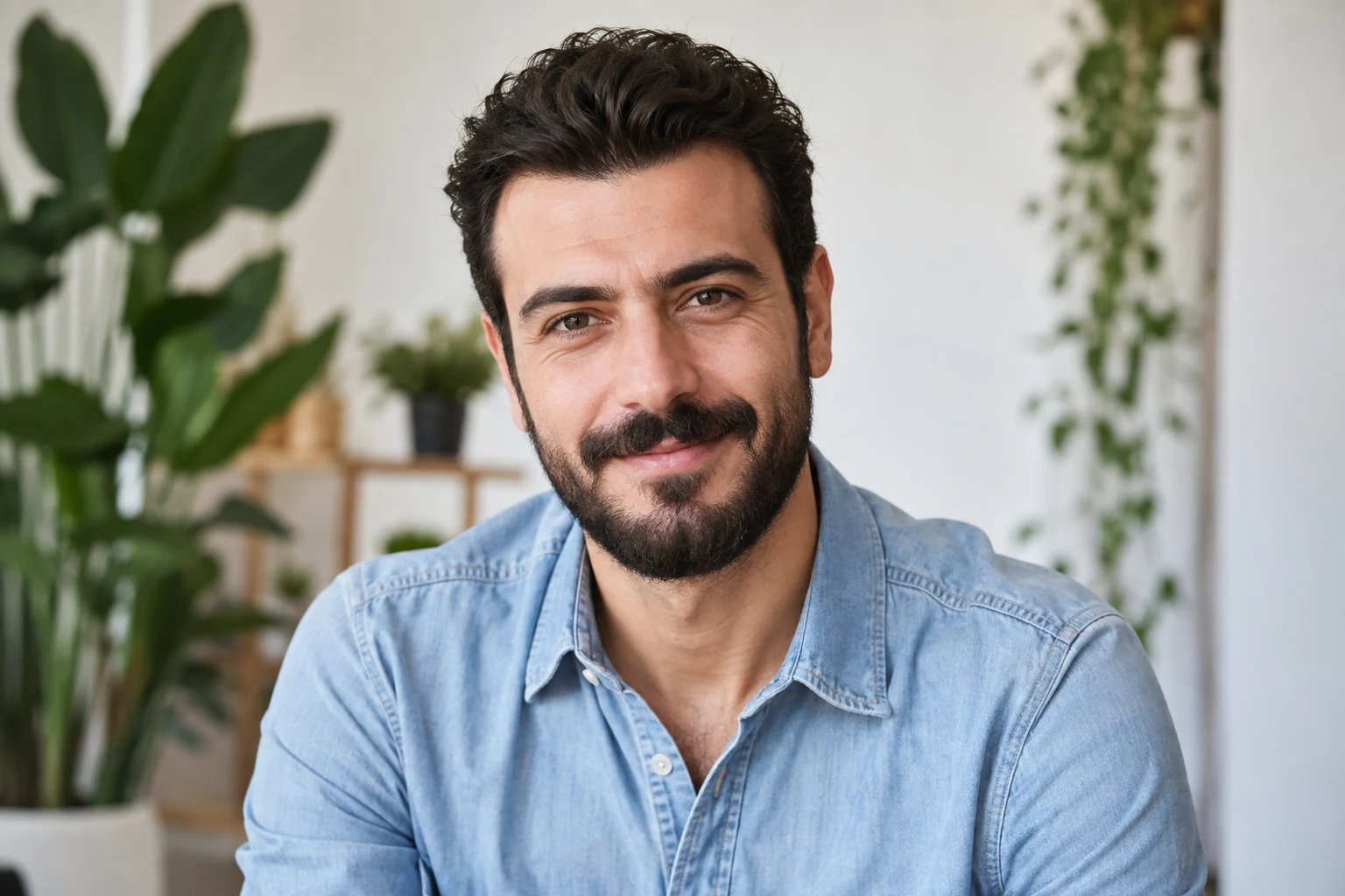 Adult man in a navy shirt showing a defined frontal hairline together with a full beard and chin for a hair and beard transplant package in Istanbul