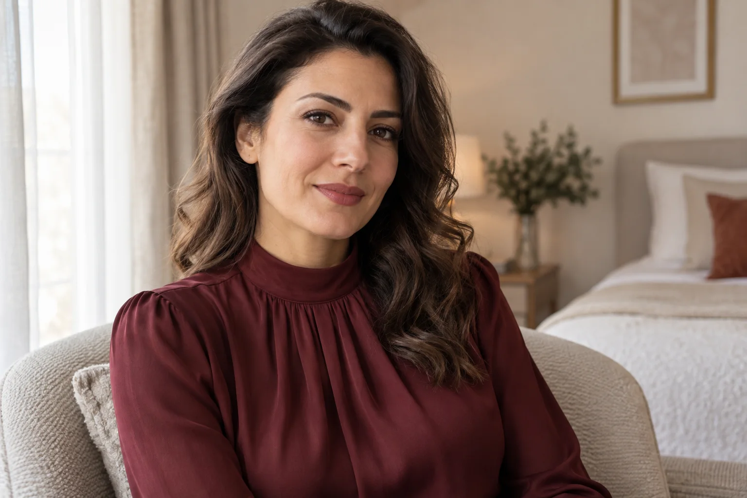 Adult woman in a high-neck blouse, face and shoulders visible, for a labiaplasty package in Istanbul