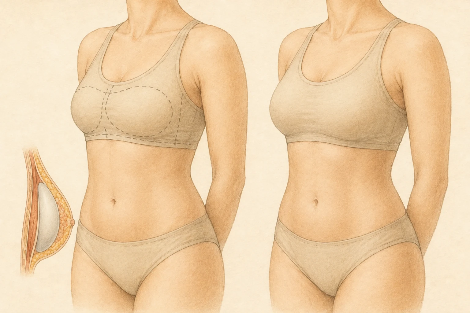 Medical illustration of breast implant replacement planning, including implant position, in Turkey — BreastAugmentationInTurkey.org